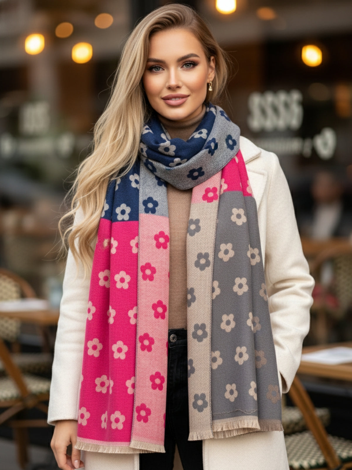 LARGE FUCHSIA PINK FLOWER PRINT REVERSIBLE WINTER SHAWL BLANKET SCARF