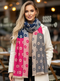 LARGE FUCHSIA PINK FLOWER PRINT REVERSIBLE WINTER SHAWL BLANKET SCARF