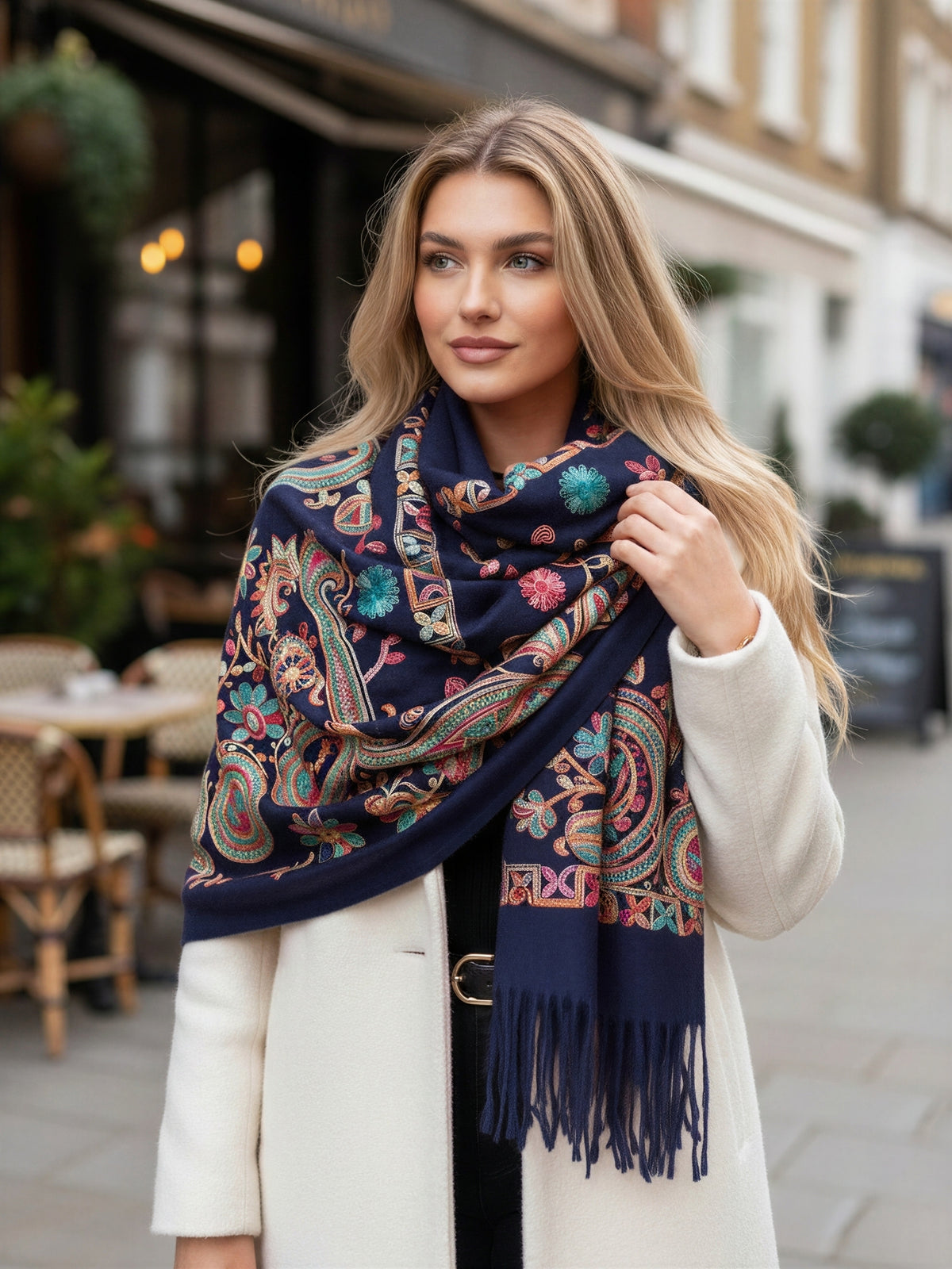 LARGE NAVY COLOURFUL PAISLEY CASHMERE COTTON BLEND WINTER SHAWL BLANKET SCARF