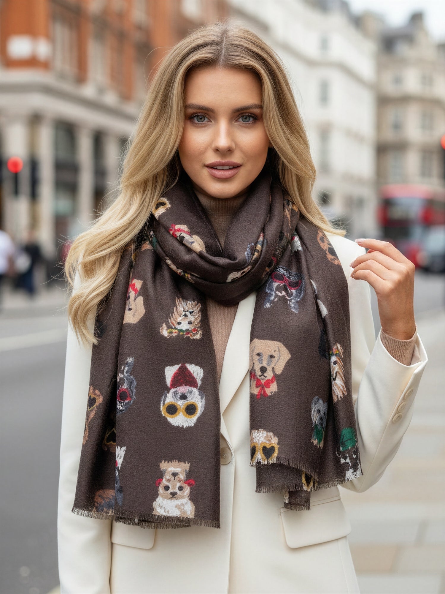 BROWN COTTON BLEND DOG PRINT LIGHTWEIGHT SCARF
