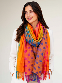 LARGE ORANGE MULTI-COLOUR DOT PRINT PASHMINA SHAWL SCARF - A-SHU.CO.UK