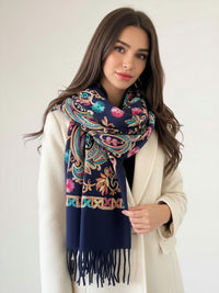 LARGE NAVY COLOURFUL PAISLEY CASHMERE COTTON BLEND WINTER SHAWL BLANKET SCARF