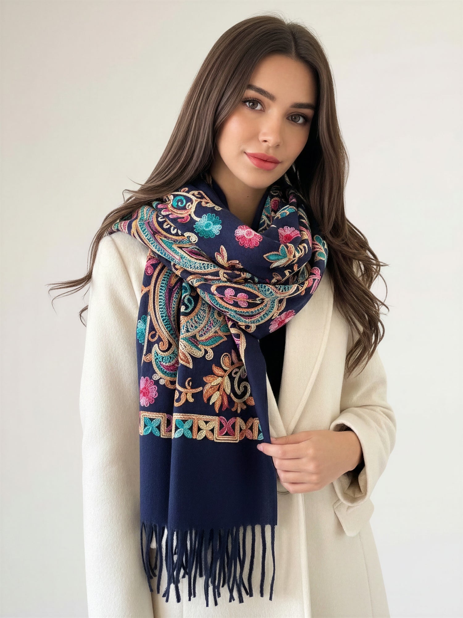 LARGE NAVY COLOURFUL PAISLEY CASHMERE COTTON BLEND WINTER SHAWL BLANKET SCARF