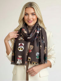 BROWN COTTON BLEND DOG PRINT LIGHTWEIGHT SCARF