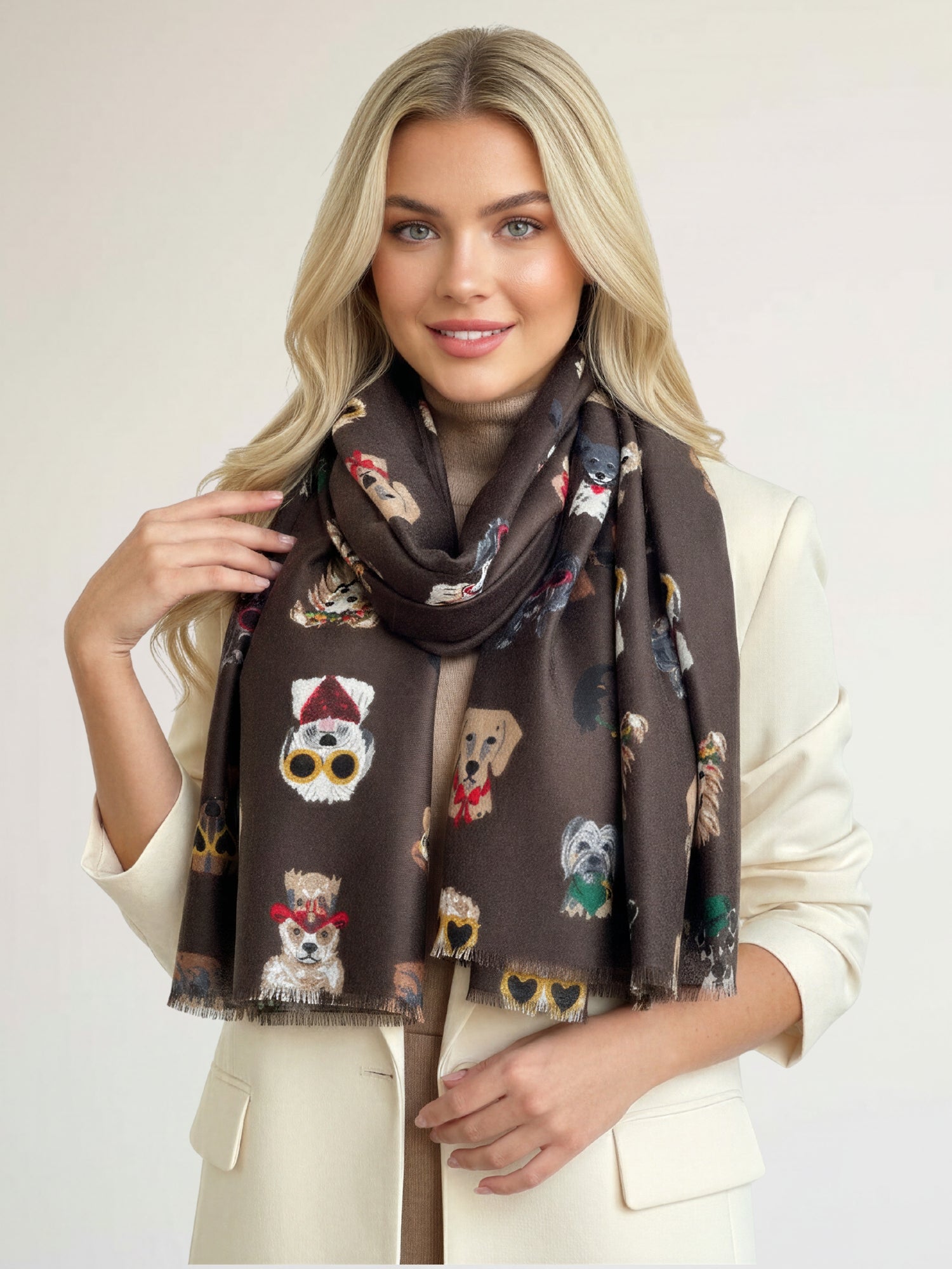 BROWN COTTON BLEND DOG PRINT LIGHTWEIGHT SCARF
