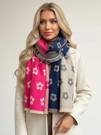 LARGE FUCHSIA PINK FLOWER PRINT REVERSIBLE WINTER SHAWL BLANKET SCARF