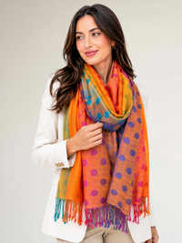 LARGE ORANGE MULTI-COLOUR DOT PRINT PASHMINA SHAWL SCARF - A-SHU.CO.UK