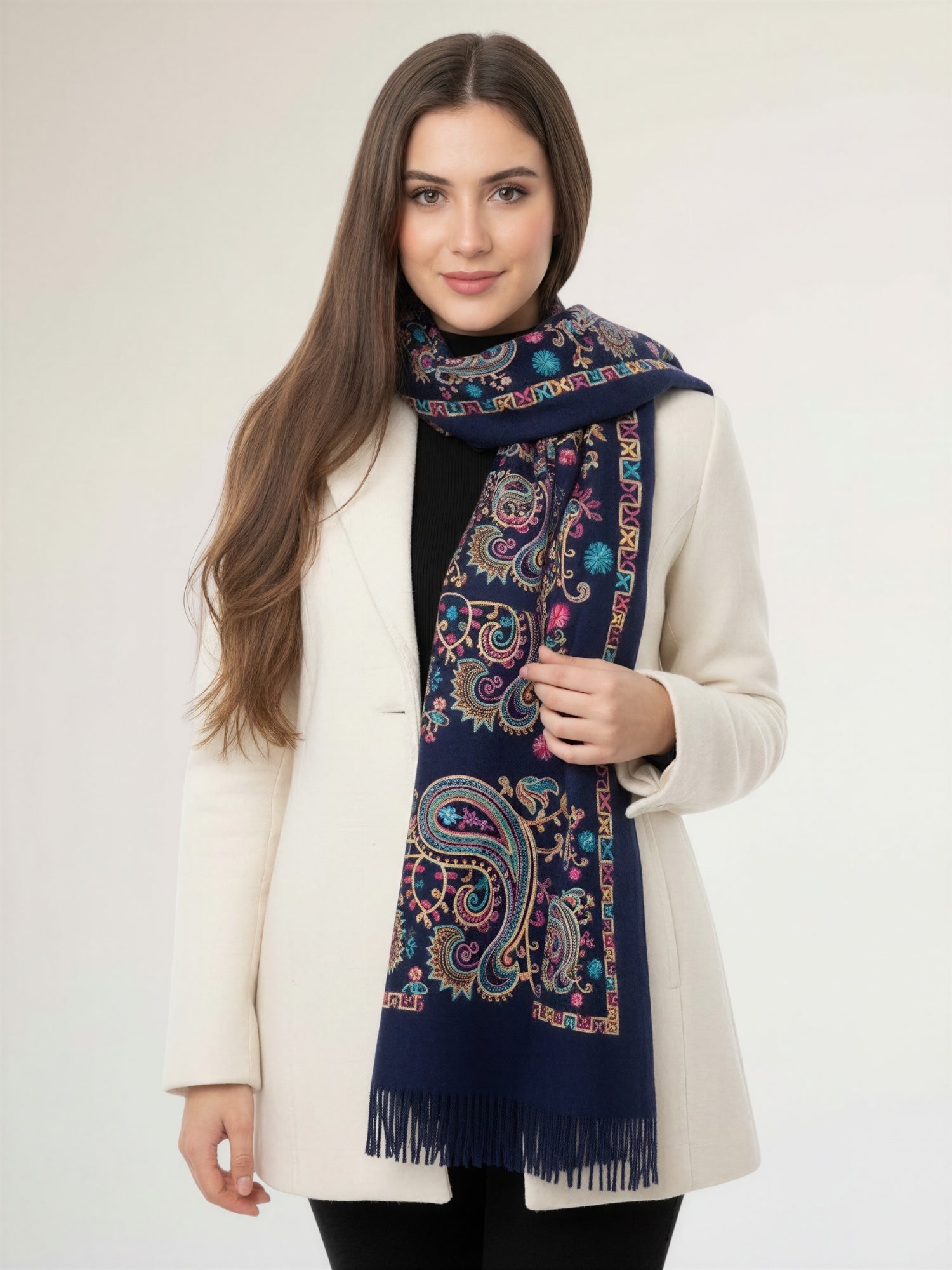 LARGE NAVY COLOURFUL PAISLEY CASHMERE COTTON BLEND WINTER SHAWL BLANKET SCARF