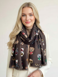 BROWN COTTON BLEND DOG PRINT LIGHTWEIGHT SCARF