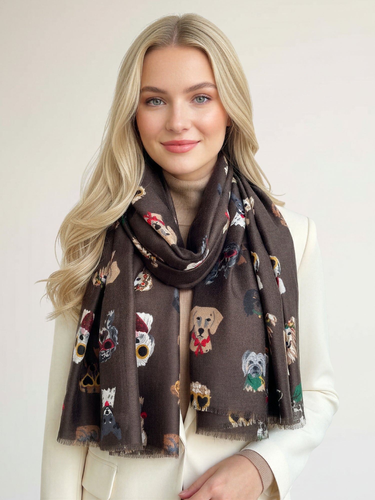 BROWN COTTON BLEND DOG PRINT LIGHTWEIGHT SCARF