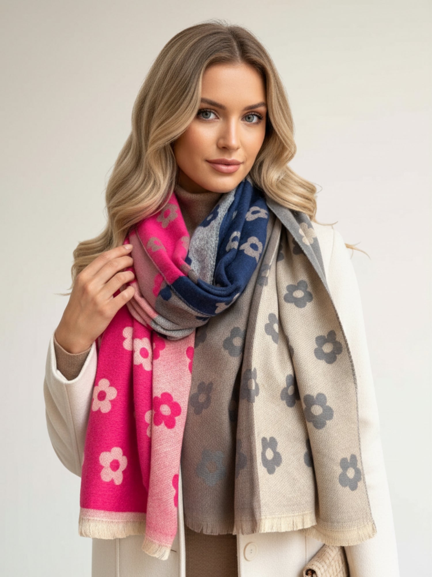 LARGE FUCHSIA PINK FLOWER PRINT REVERSIBLE WINTER SHAWL BLANKET SCARF