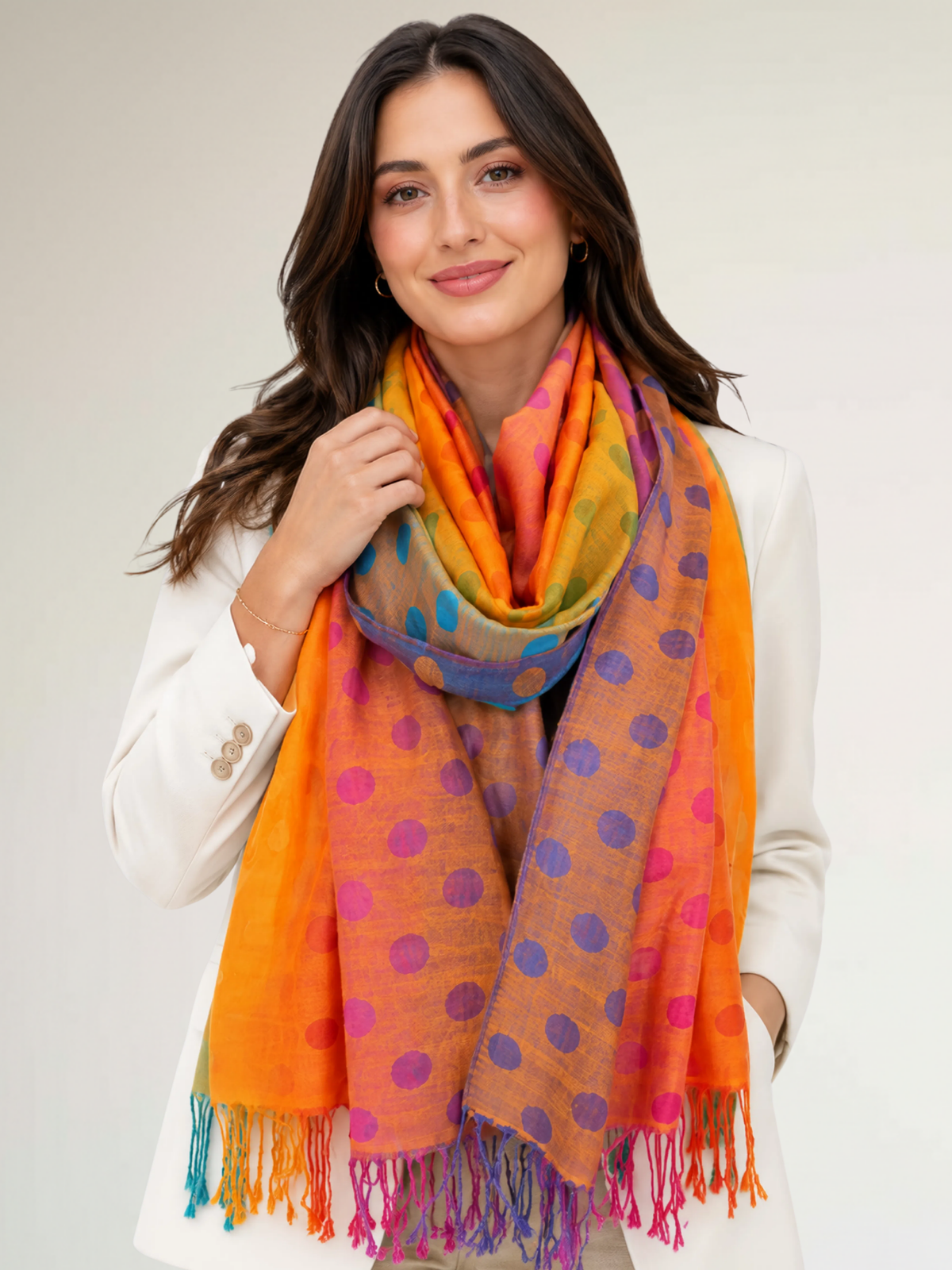 LARGE ORANGE MULTI-COLOUR DOT PRINT PASHMINA SHAWL SCARF - A-SHU.CO.UK