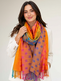 LARGE ORANGE MULTI-COLOUR DOT PRINT PASHMINA SHAWL SCARF - A-SHU.CO.UK