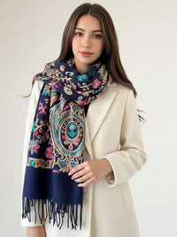 LARGE NAVY COLOURFUL PAISLEY CASHMERE COTTON BLEND WINTER SHAWL BLANKET SCARF