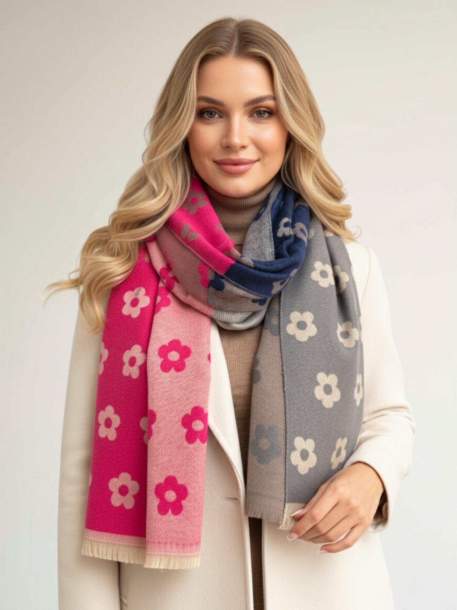 LARGE FUCHSIA PINK FLOWER PRINT REVERSIBLE WINTER SHAWL BLANKET SCARF