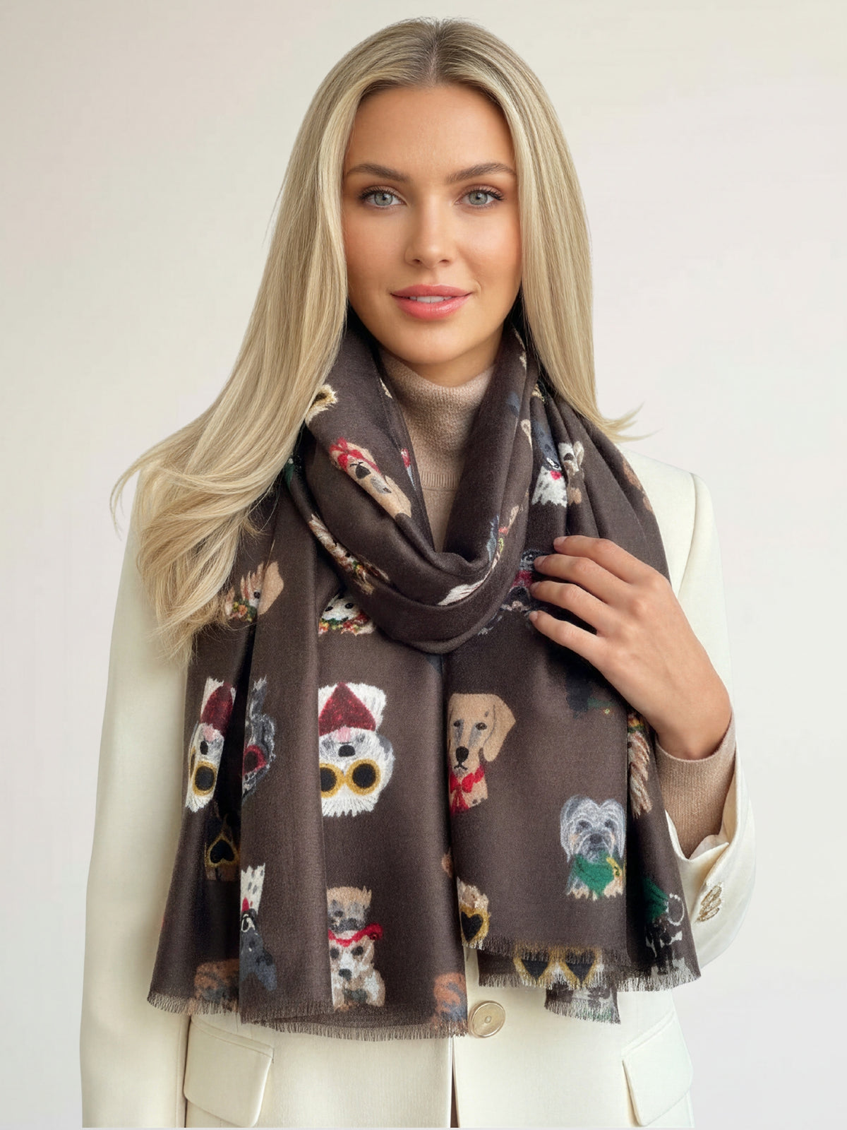 BROWN COTTON BLEND DOG PRINT LIGHTWEIGHT SCARF - A-SHU.CO.UK