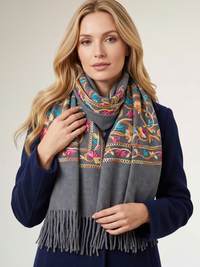 LARGE GREY FLOWER PRINT CASHMERE COTTON BLEND WINTER SHAWL BLANKET SCARF