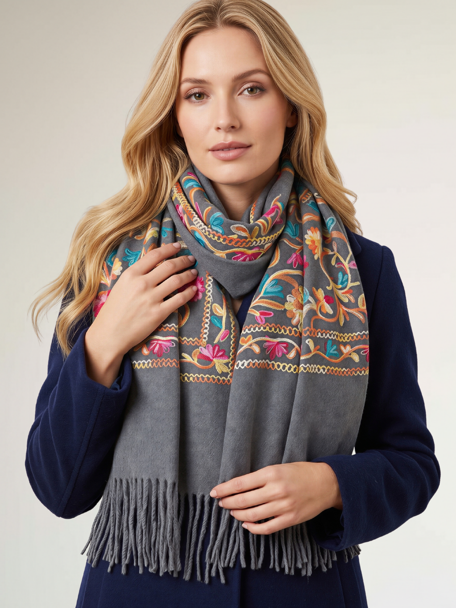 LARGE GREY FLOWER PRINT CASHMERE COTTON BLEND WINTER SHAWL BLANKET SCARF