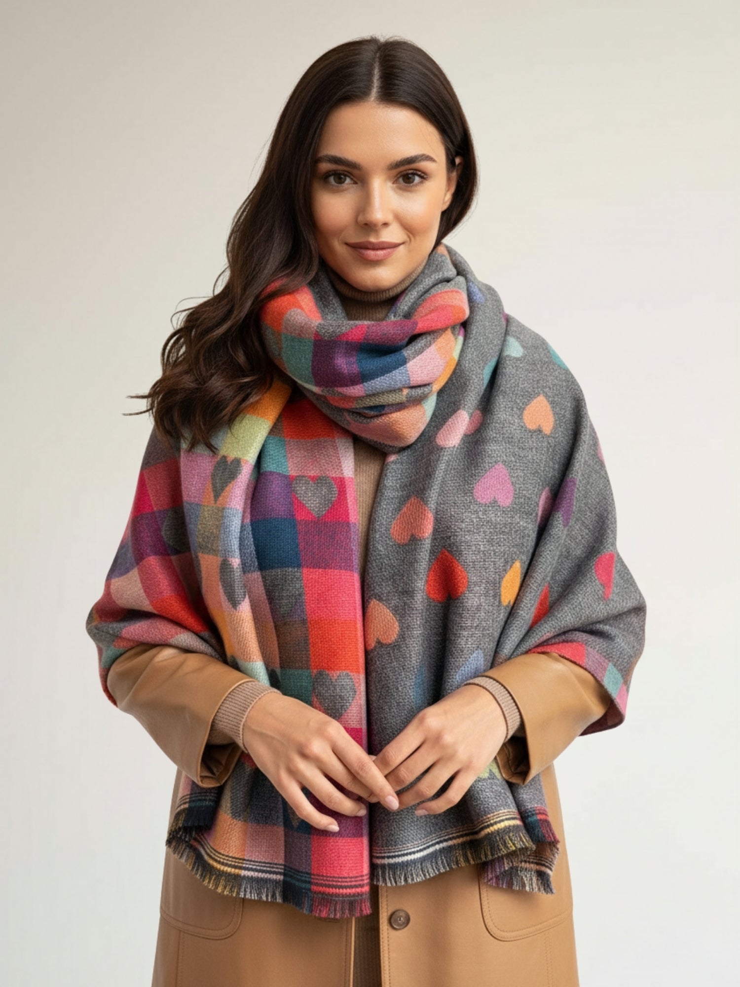 LARGE CHECKED HEART PRINT REVERSIBLE WINTER SHAWL BLANKET SCARF - SILVER GREY