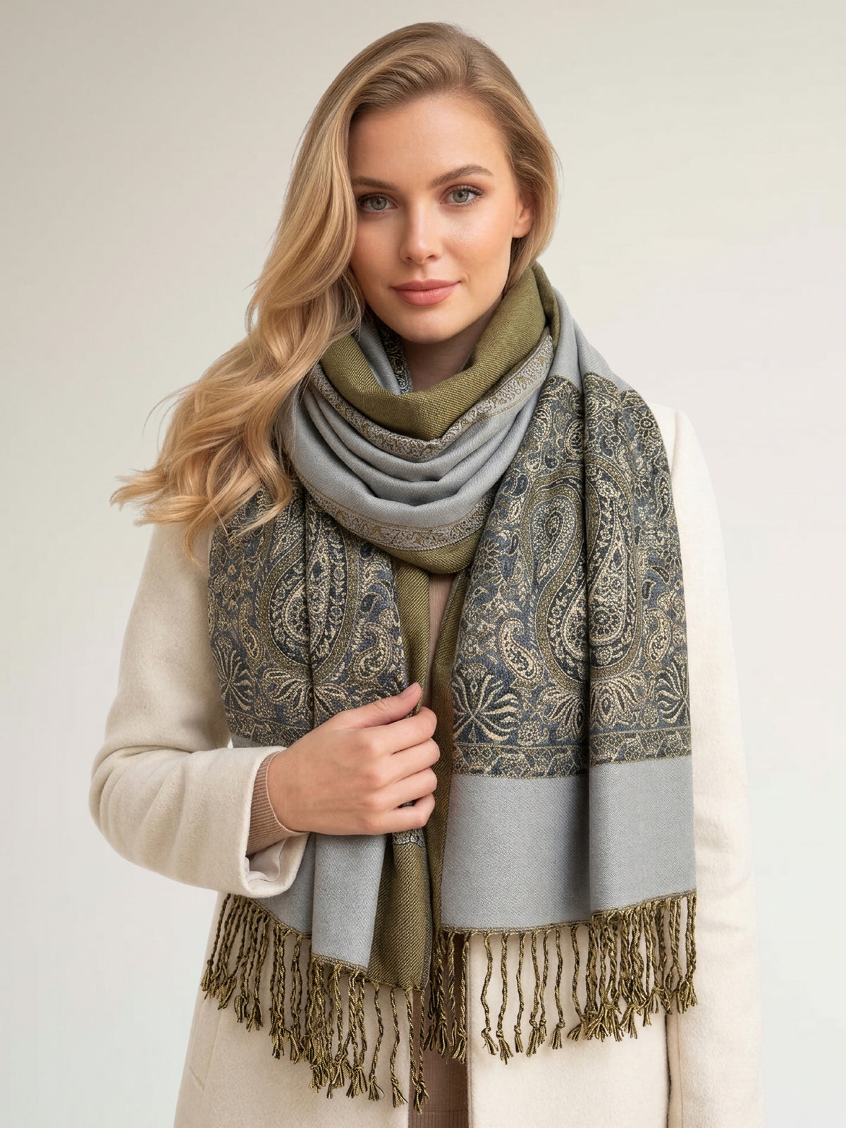 LARGE PLAIN SILVER REVERSIBLE MULTI COLOUR PAISLEY PRINT PASHMINA SHAWL SCARF WRAP - A-SHU.CO.UK