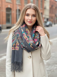 LARGE GREY COLOURFUL PAISLEY CASHMERE COTTON BLEND WINTER SHAWL BLANKET SCARF