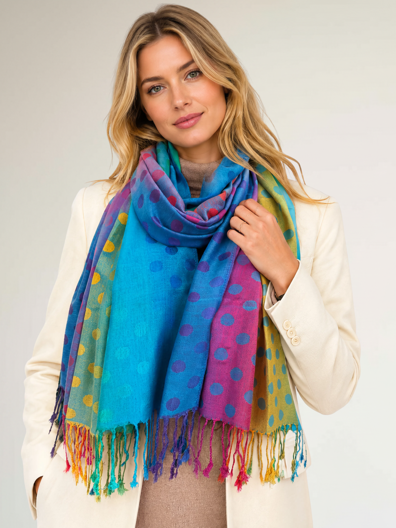 LARGE BLUE MULTI-COLOUR DOT PRINT PASHMINA SHAWL SCARF - A-SHU.CO.UK