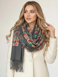 LARGE GREY COLOURFUL PAISLEY CASHMERE COTTON BLEND WINTER SHAWL BLANKET SCARF