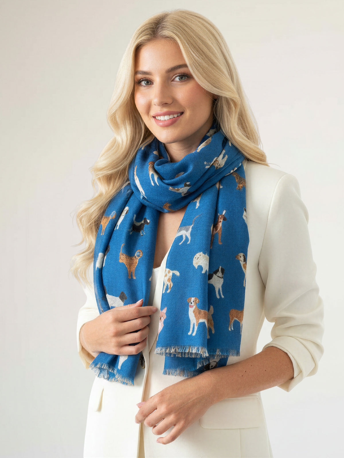 DEEP BLUE COTTON BLEND DOG PRINT LIGHTWEIGHT SCARF - A-SHU.CO.UK