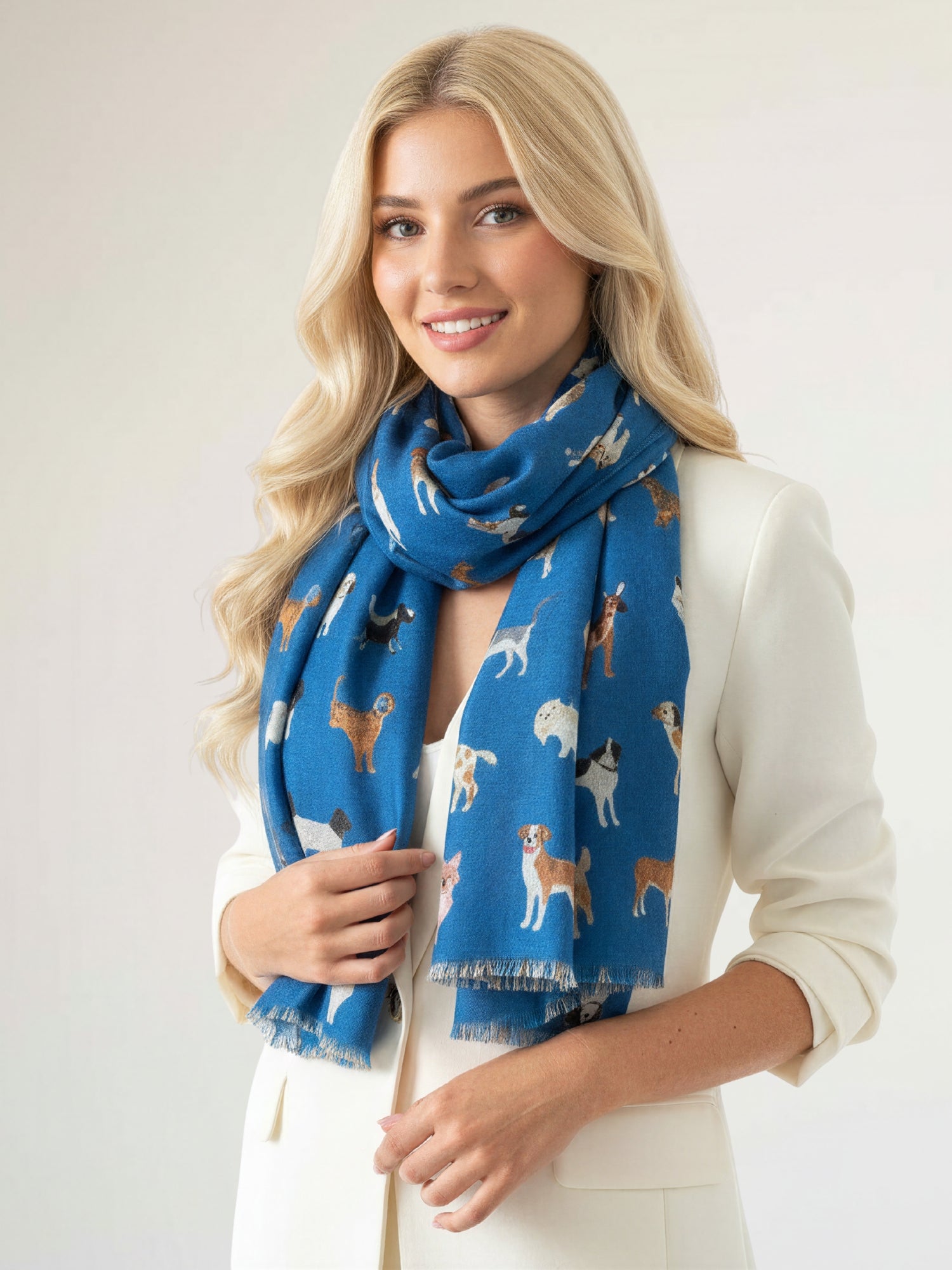 DEEP BLUE COTTON BLEND DOG PRINT LIGHTWEIGHT SCARF - A-SHU.CO.UK
