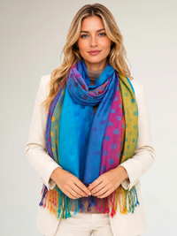 LARGE BLUE MULTI-COLOUR DOT PRINT PASHMINA SHAWL SCARF - A-SHU.CO.UK