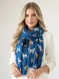 DEEP BLUE COTTON BLEND DOG PRINT LIGHTWEIGHT SCARF - A-SHU.CO.UK