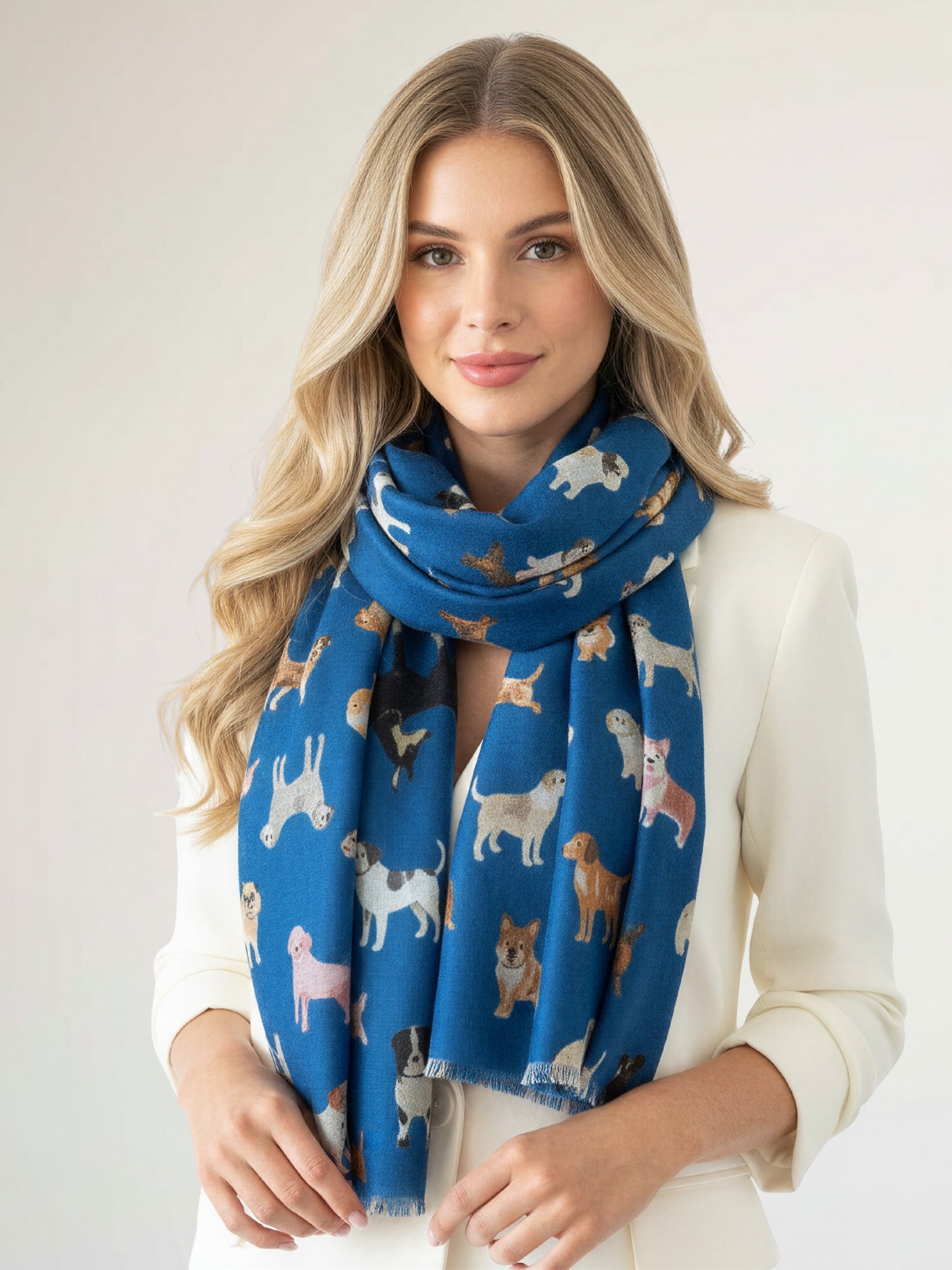 DEEP BLUE COTTON BLEND DOG PRINT LIGHTWEIGHT SCARF - A-SHU.CO.UK