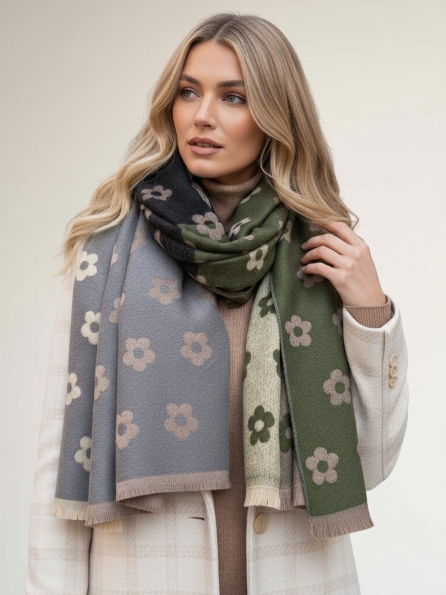 LARGE GREEN FLOWER PRINT REVERSIBLE WINTER SHAWL BLANKET SCARF