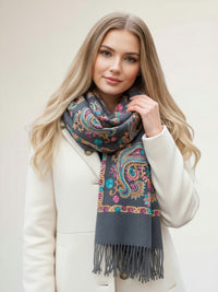 LARGE GREY COLOURFUL PAISLEY CASHMERE COTTON BLEND WINTER SHAWL BLANKET SCARF