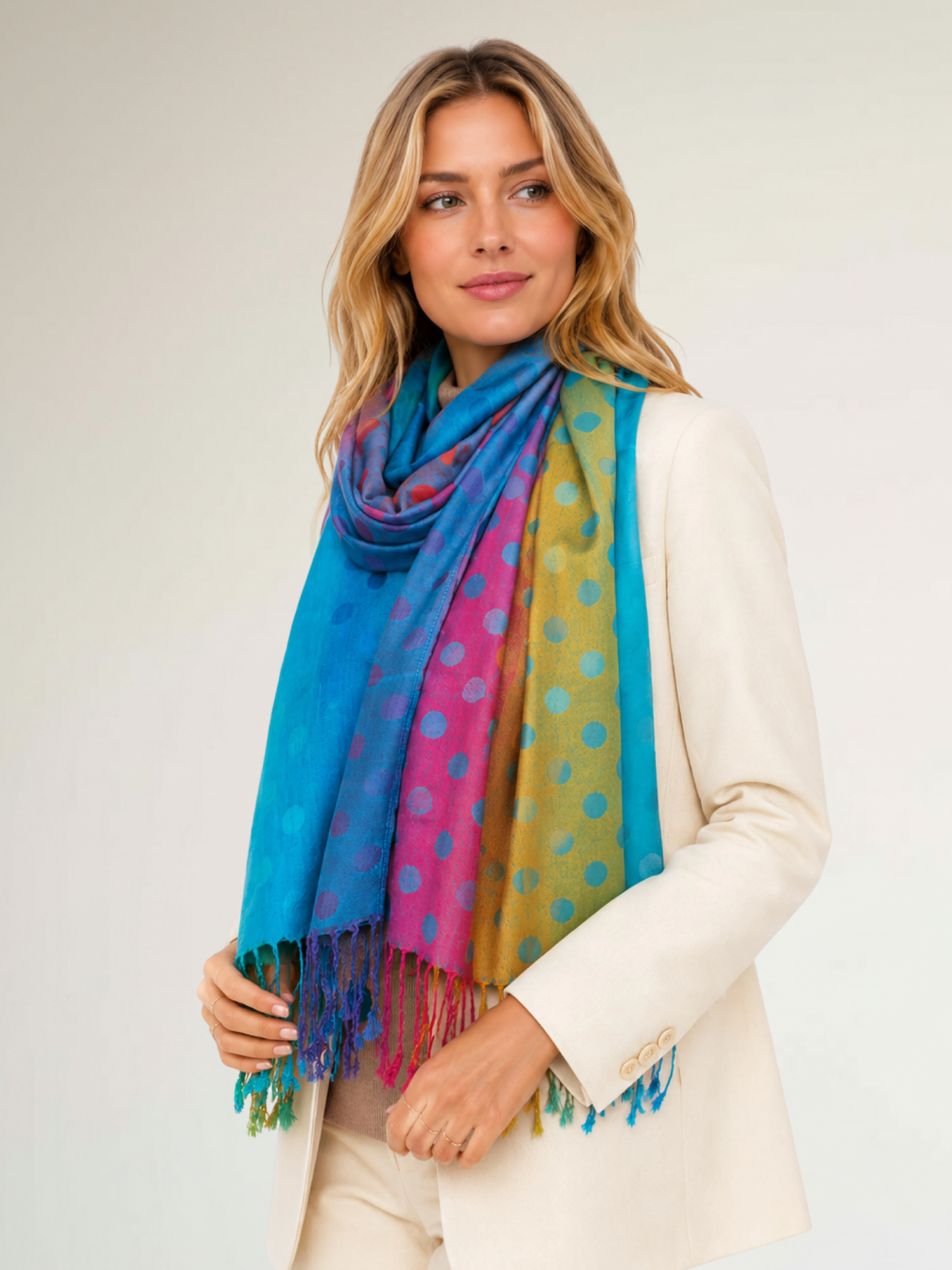 LARGE BLUE MULTI-COLOUR DOT PRINT PASHMINA SHAWL SCARF - A-SHU.CO.UK