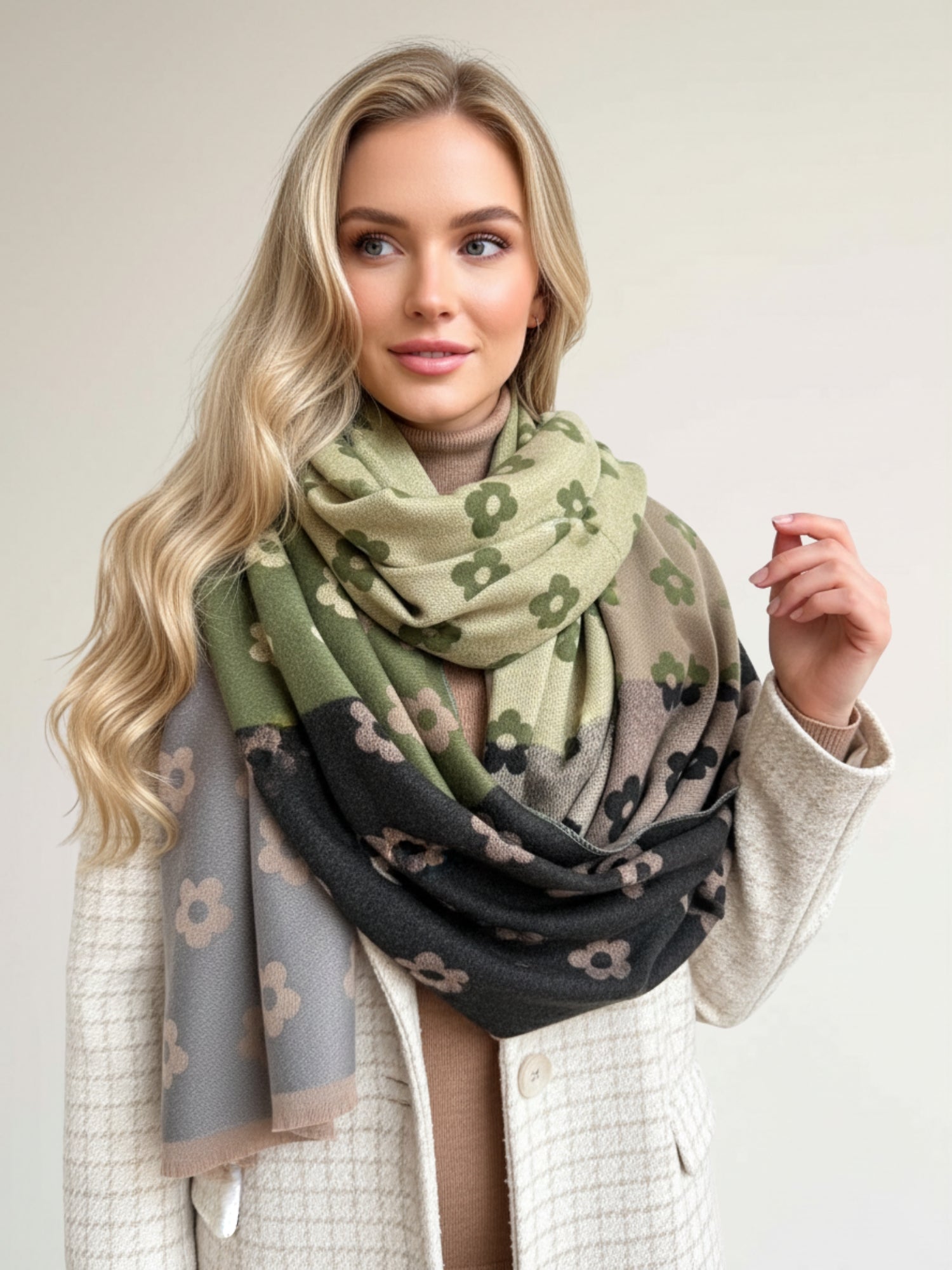 LARGE GREEN FLOWER PRINT REVERSIBLE WINTER SHAWL BLANKET SCARF