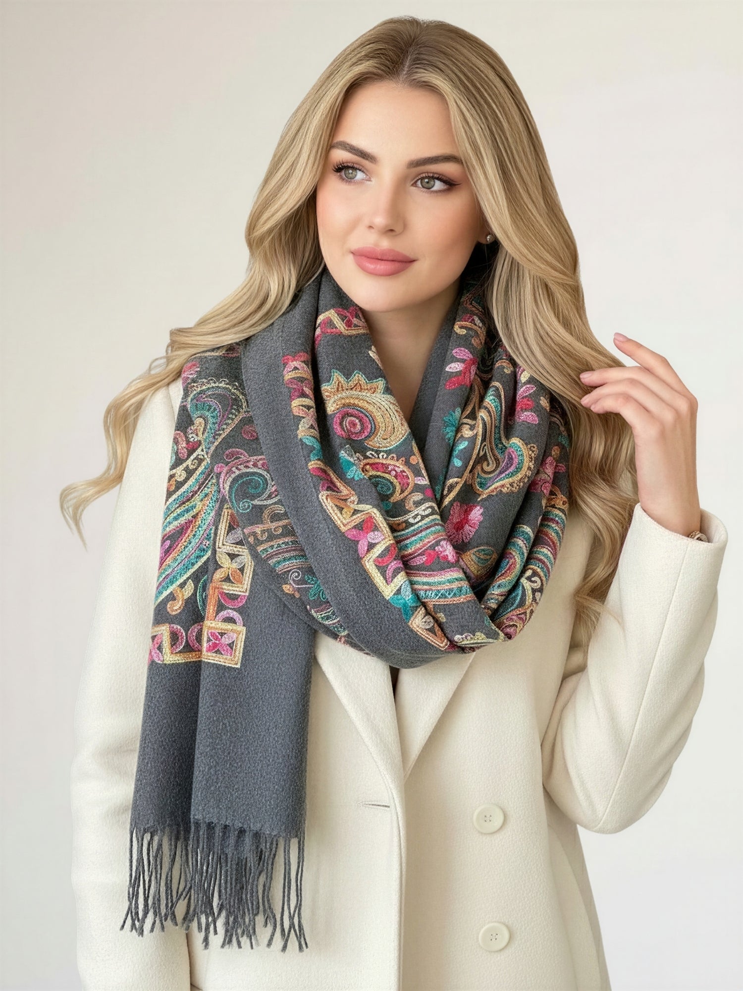 LARGE GREY COLOURFUL PAISLEY CASHMERE COTTON BLEND WINTER SHAWL BLANKET SCARF