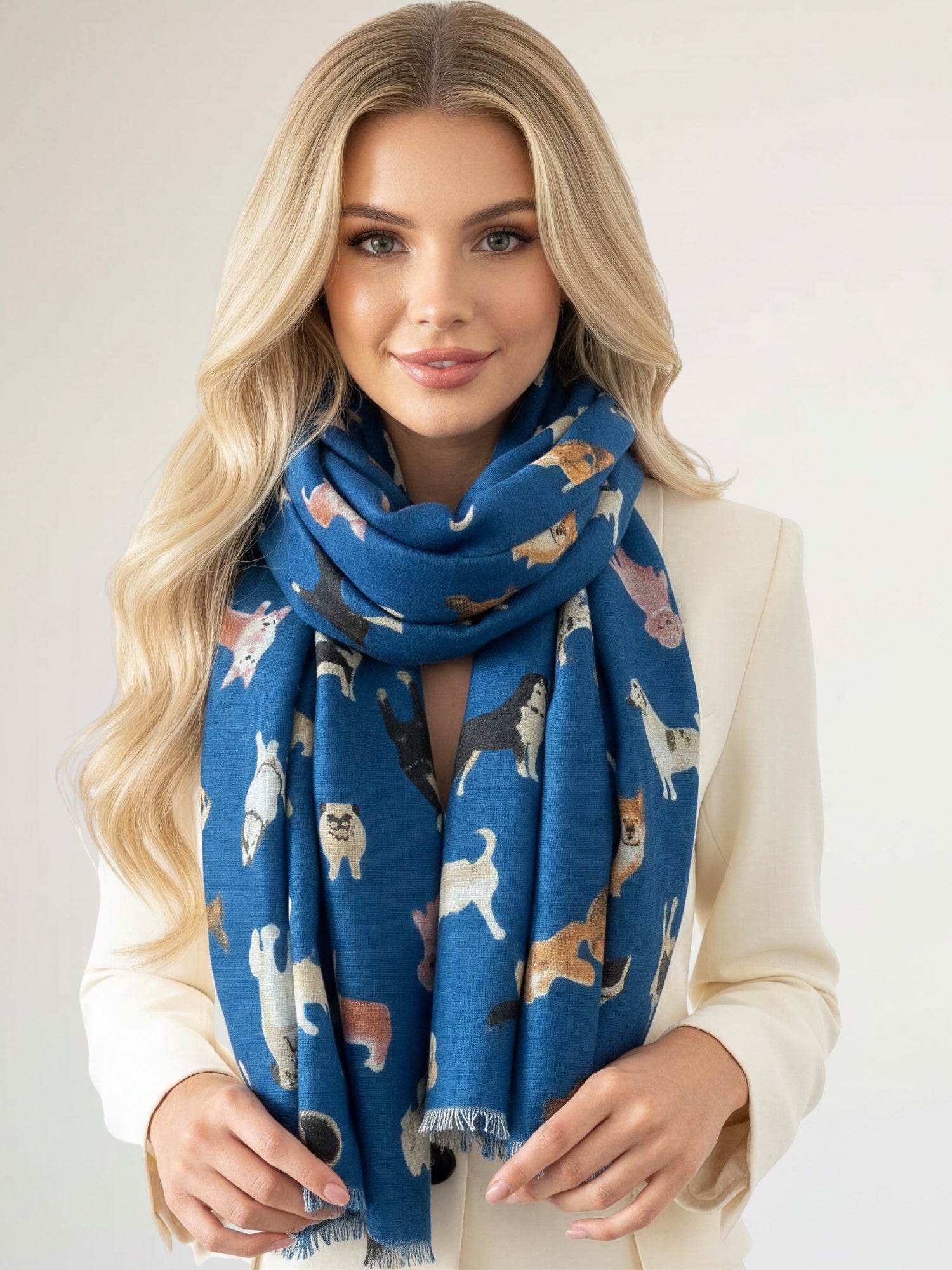 DEEP BLUE COTTON BLEND DOG PRINT LIGHTWEIGHT SCARF - A-SHU.CO.UK