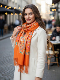 LARGE ORANGE COLOURFUL PAISLEY CASHMERE COTTON BLEND WINTER SHAWL BLANKET SCARF