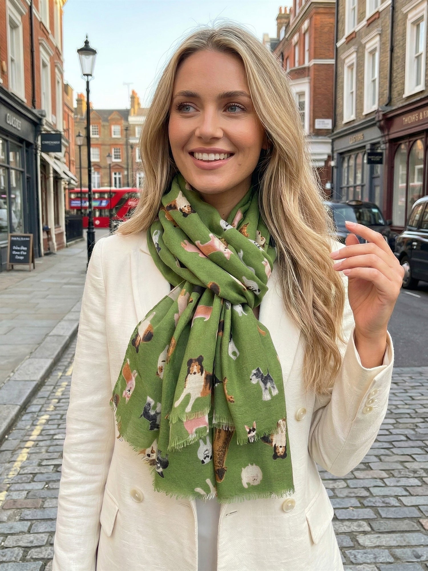 GREEN COTTON BLEND DOG PRINT LIGHTWEIGHT SCARF - A-SHU.CO.UK