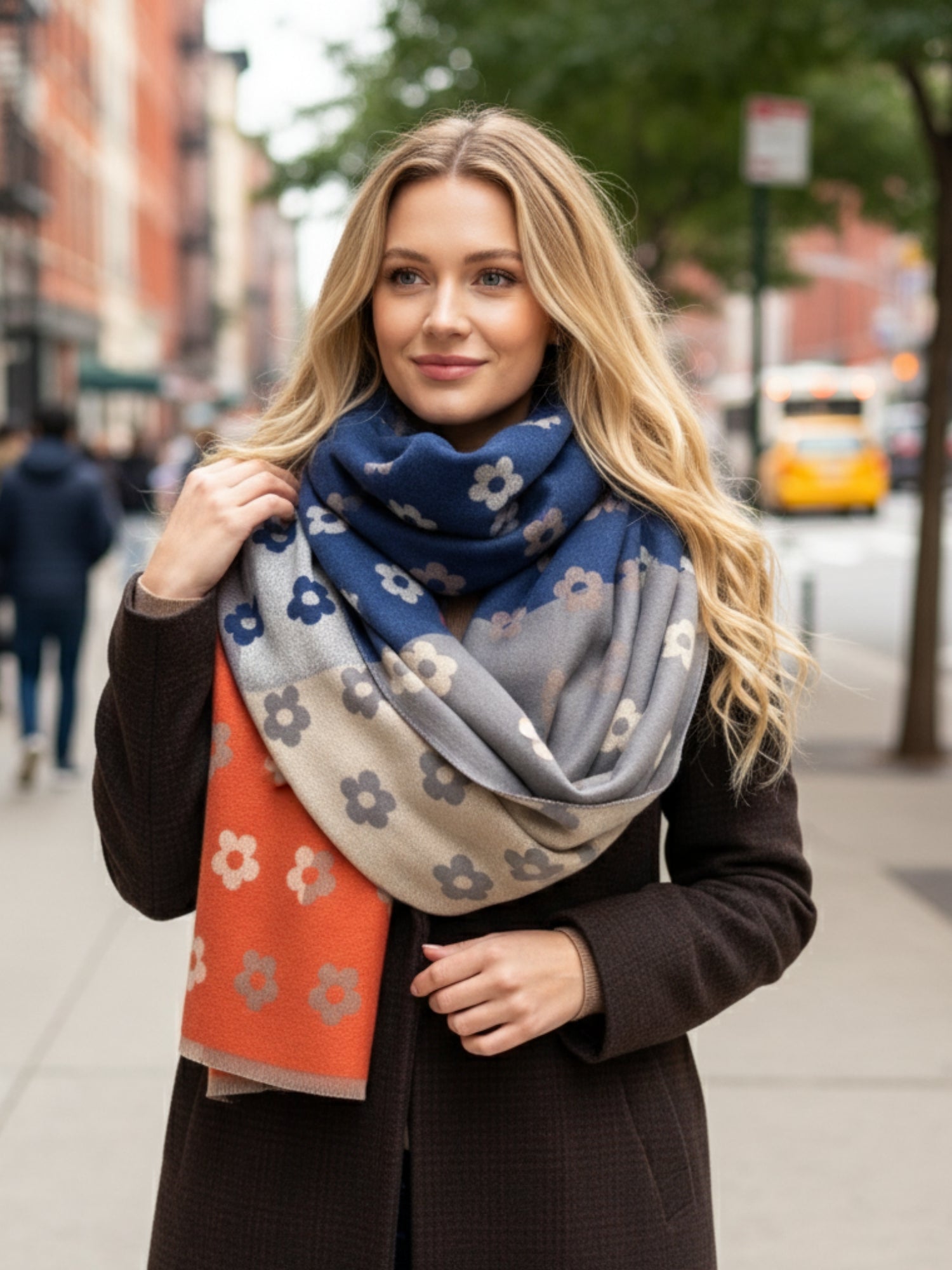 LARGE ORANGE FLOWER PRINT REVERSIBLE WINTER SHAWL BLANKET SCARF