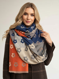 LARGE ORANGE FLOWER PRINT REVERSIBLE WINTER SHAWL BLANKET SCARF