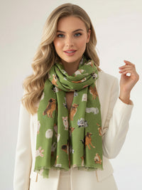 GREEN COTTON BLEND DOG PRINT LIGHTWEIGHT SCARF - A-SHU.CO.UK