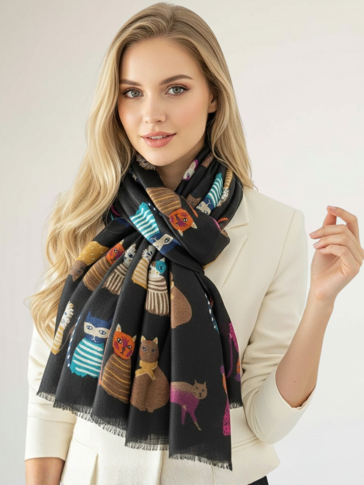 BLACK COTTON BLEND CAT PRINT LIGHTWEIGHT SCARF - A-SHU.CO.UK