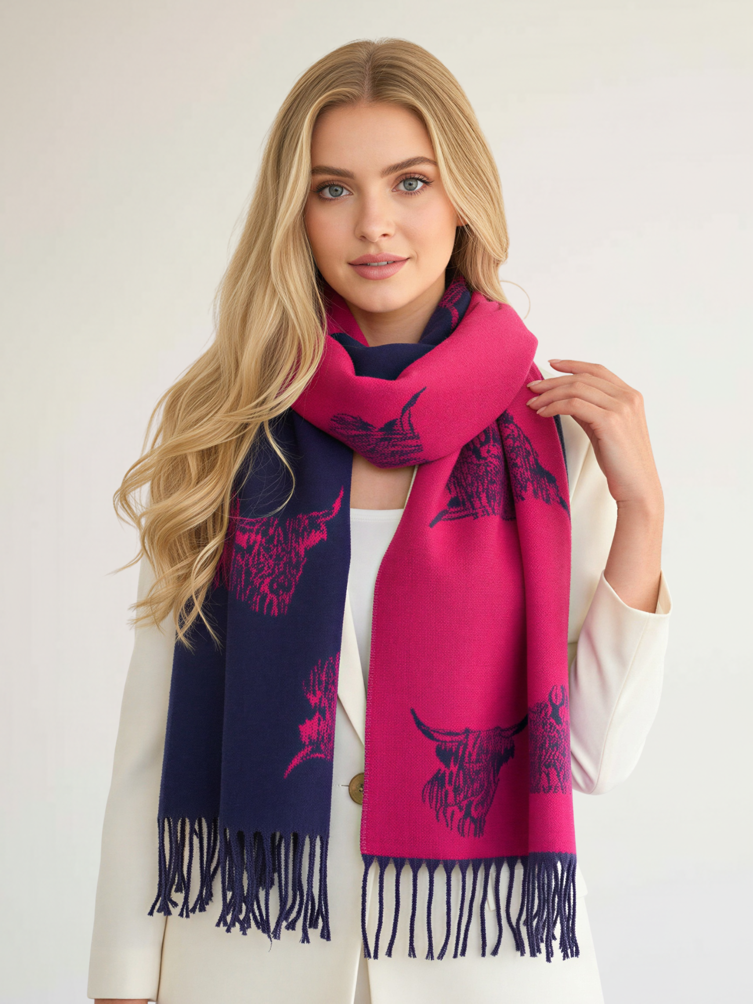 LARGE NAVY FUCHSIA HIGHLAND COW CASHMERE REVERSIBLE SHAWL SCARF