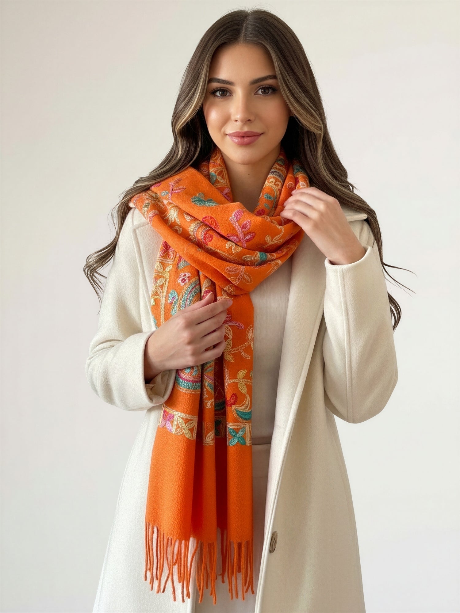 LARGE ORANGE COLOURFUL PAISLEY CASHMERE COTTON BLEND WINTER SHAWL BLANKET SCARF