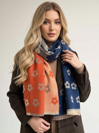 LARGE ORANGE FLOWER PRINT REVERSIBLE WINTER SHAWL BLANKET SCARF