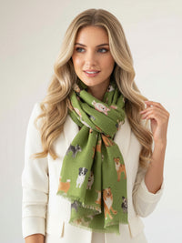 GREEN COTTON BLEND DOG PRINT LIGHTWEIGHT SCARF - A-SHU.CO.UK