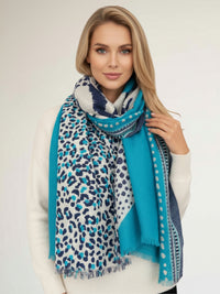 LARGE TURQUOISE BLUE TIGER AND LEOPARD PRINT SHAWL SCARF