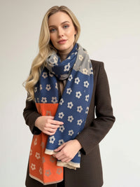 LARGE ORANGE FLOWER PRINT REVERSIBLE WINTER SHAWL BLANKET SCARF